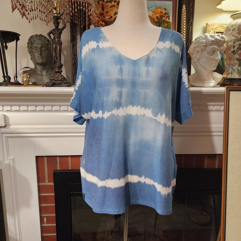 M Made in Italy Blue Tie Dye Viscose V-Neck Top‎ Boho Short Sleeve Large